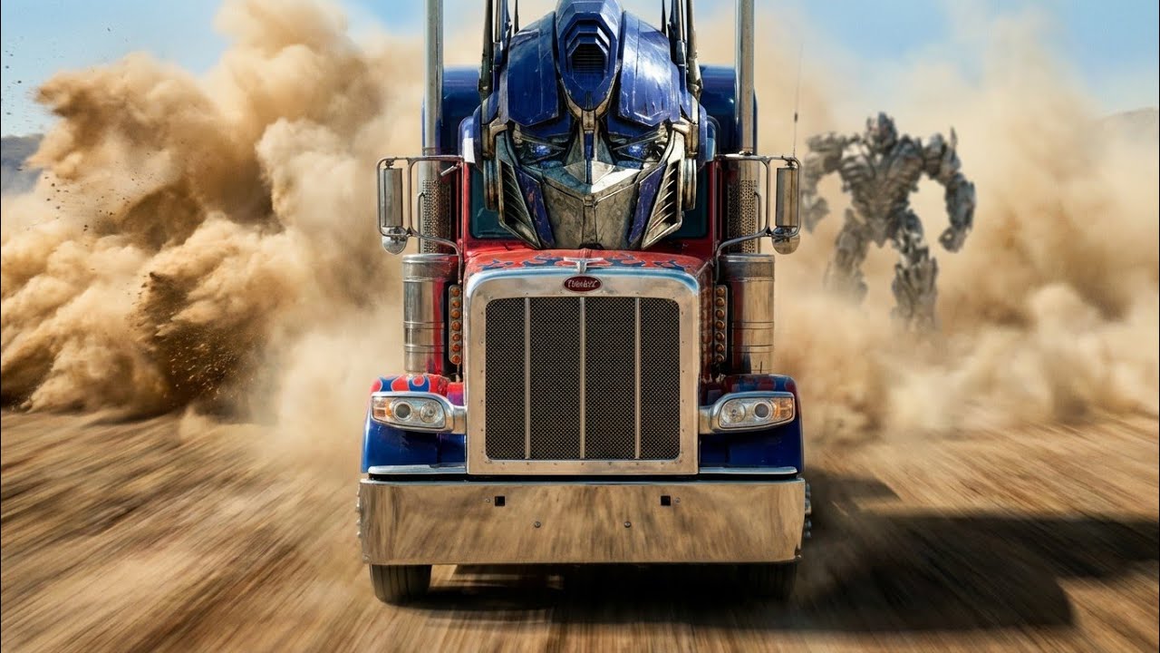 “Optimus Prime in a High-Speed Desert Chase Against Megatron at Golden Hour”