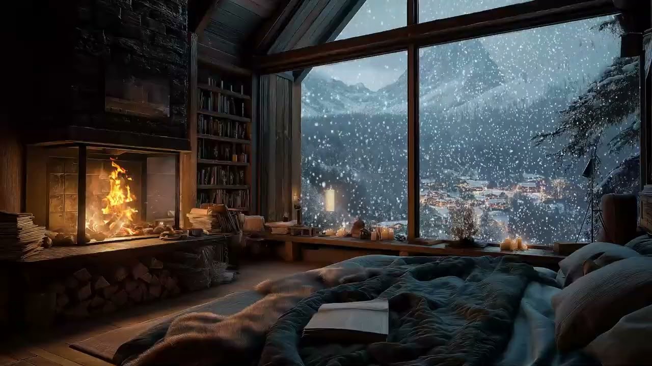 Peaceful Snowfall Night ❄️ Cozy Fireplace Ambience for Deep Sleep & Calm