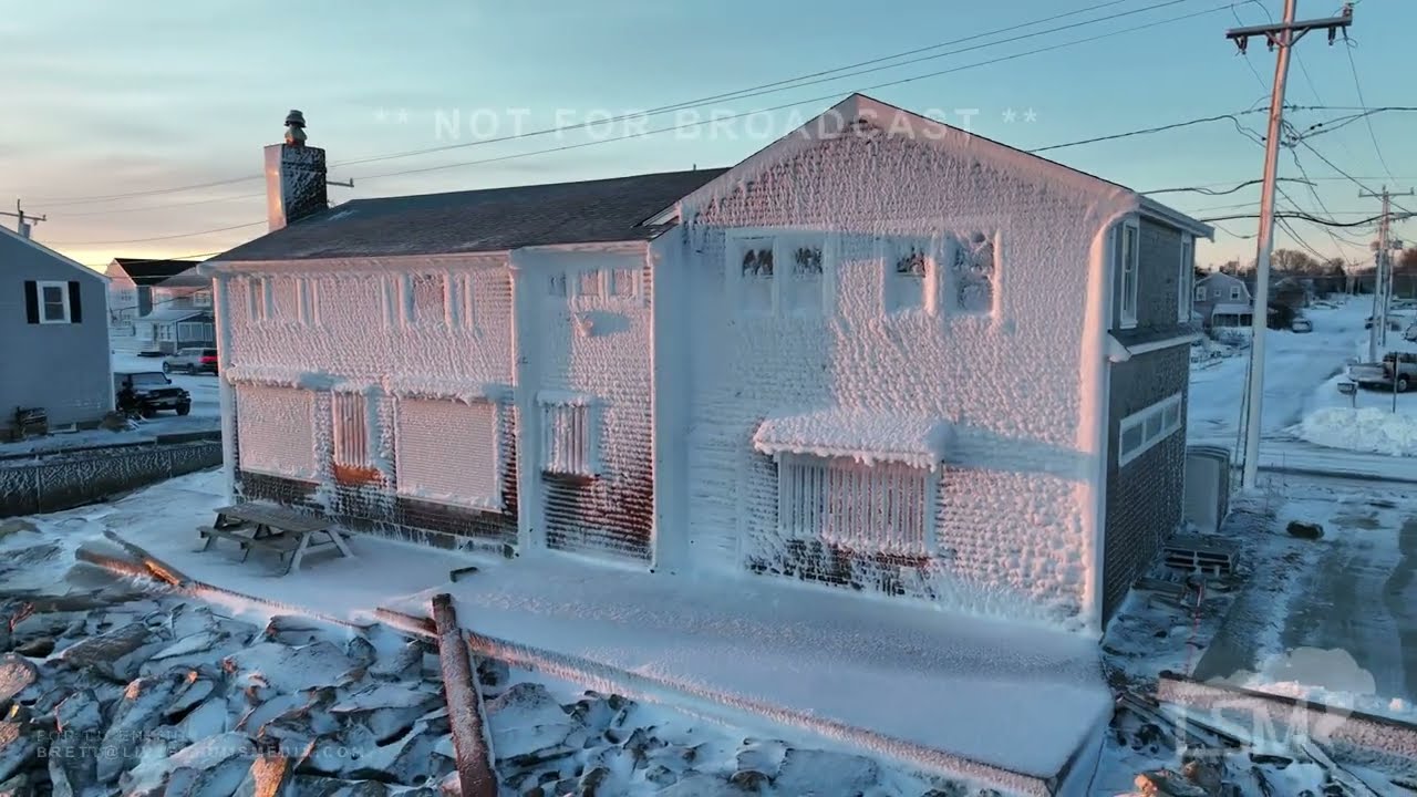 1-30-2022 Brant Rock, Ma Homes coated in ice from sea spray in Nor'Easter- Drone