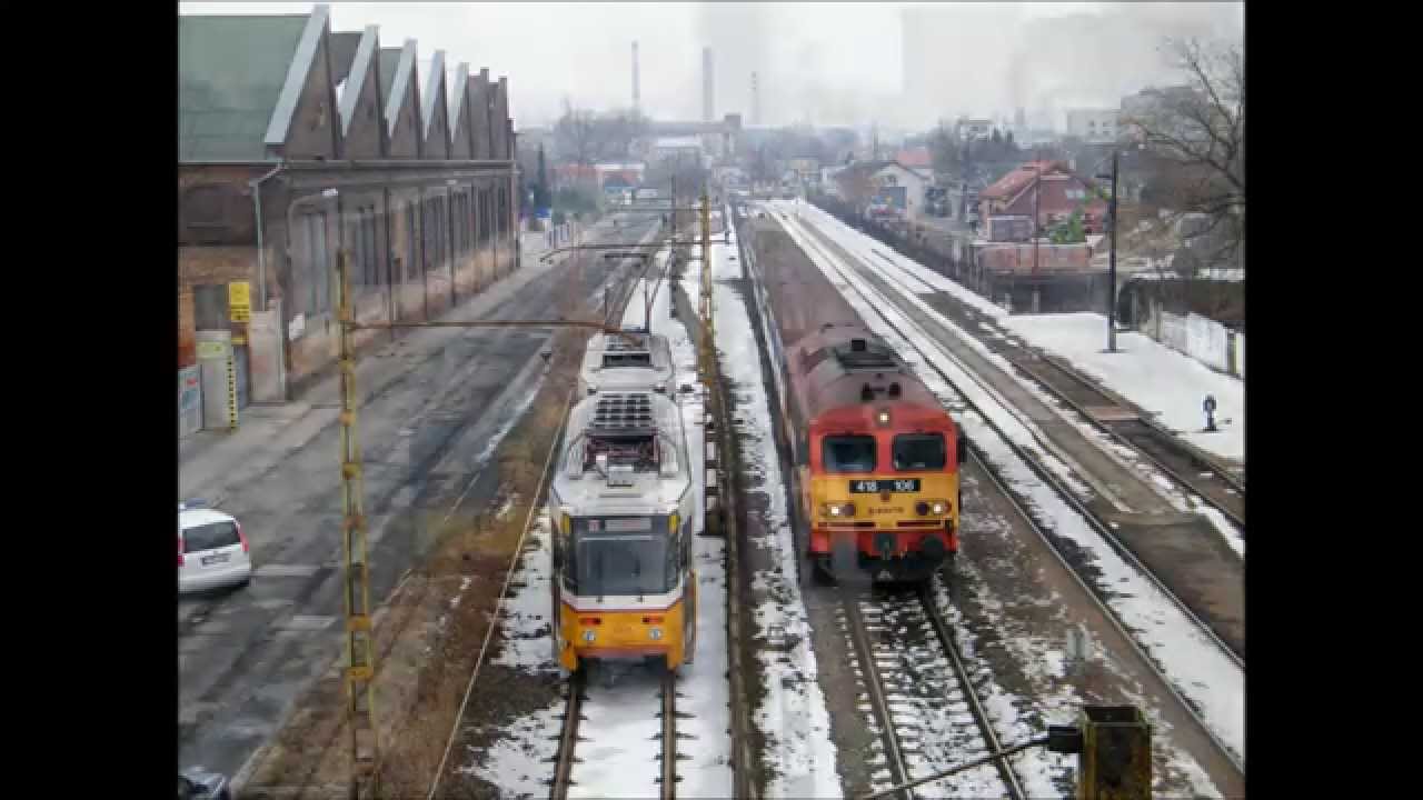Snow sweeper trams and Tatra trams in the southern part of Budapest