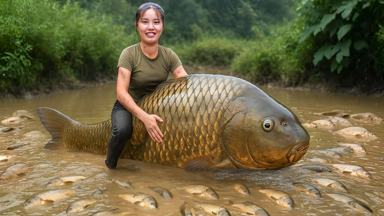 Catching a Huge School of Carp and Catfish by Hand in Giant Fish Pond to Sell at the Market