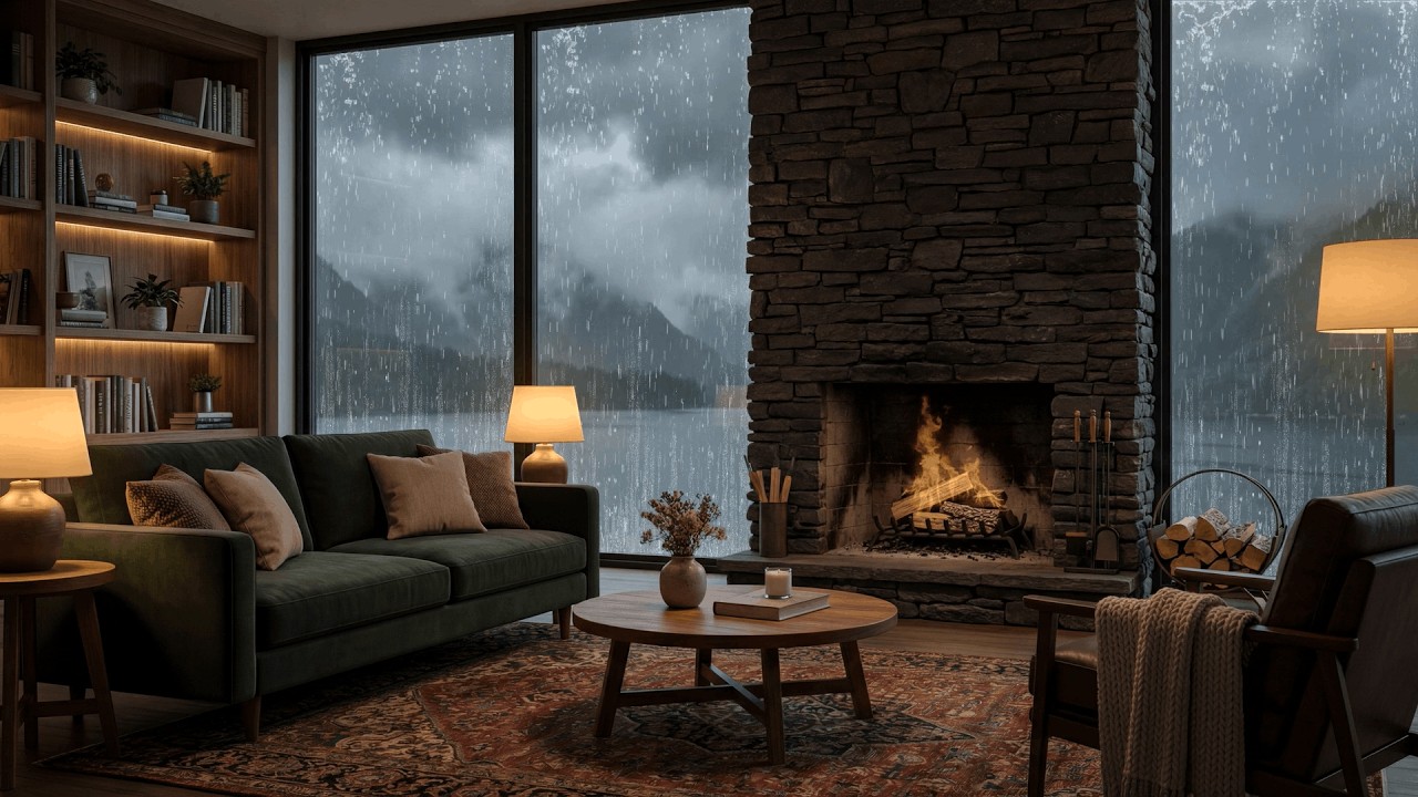 🔴 Heavy Rain Sounds | Cozy Living Room Fireplace | Study, Focus, Sleep (24/7 Live)