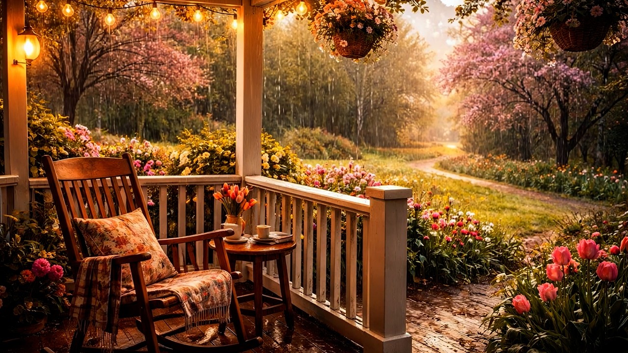 Cozy Spring Rain on the Porch 🌧️ Rocking Chair, Garden Blooms & Gentle Rain Sounds (No Music ASMR)