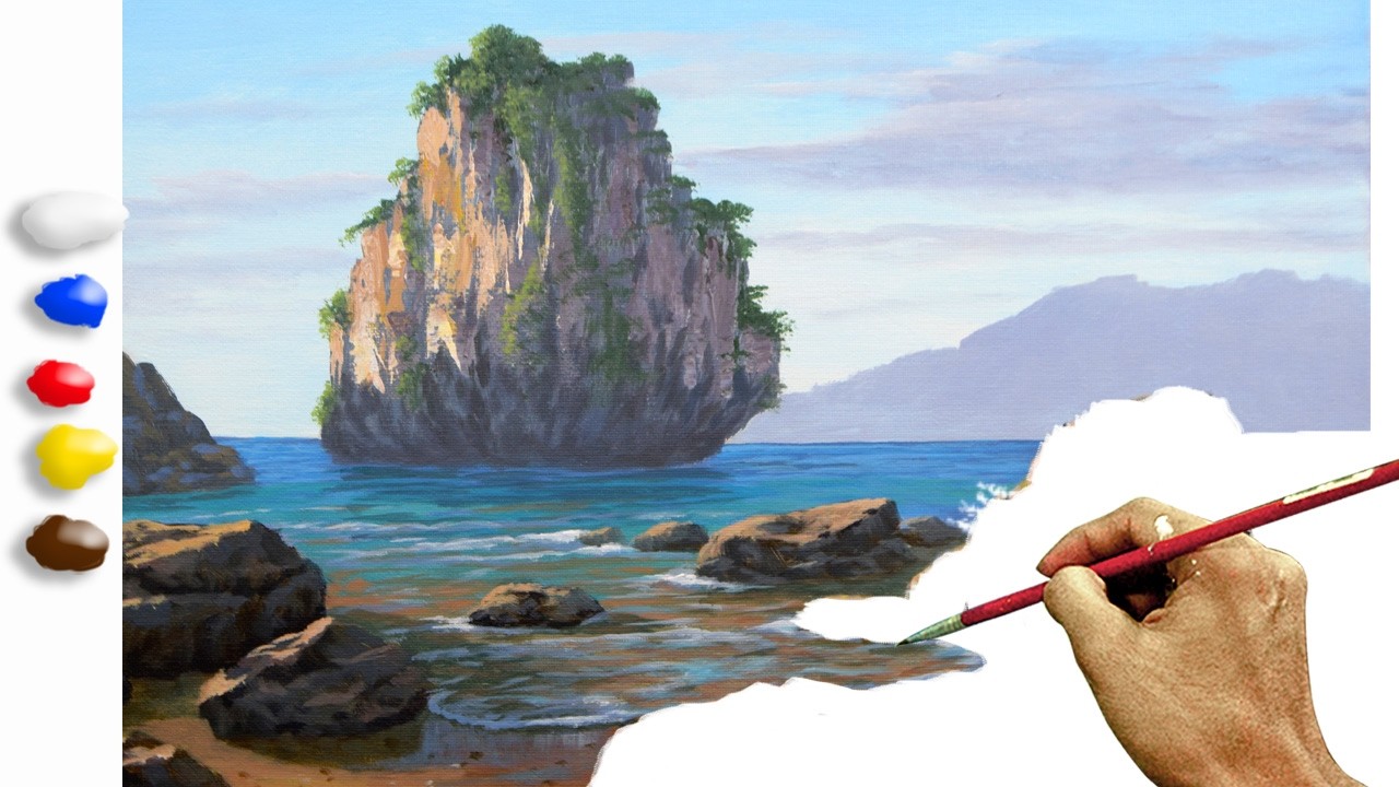 Акриловая картина Пляж с одиноким островом и большими камнями | Покадровая съемка | JMLisondra