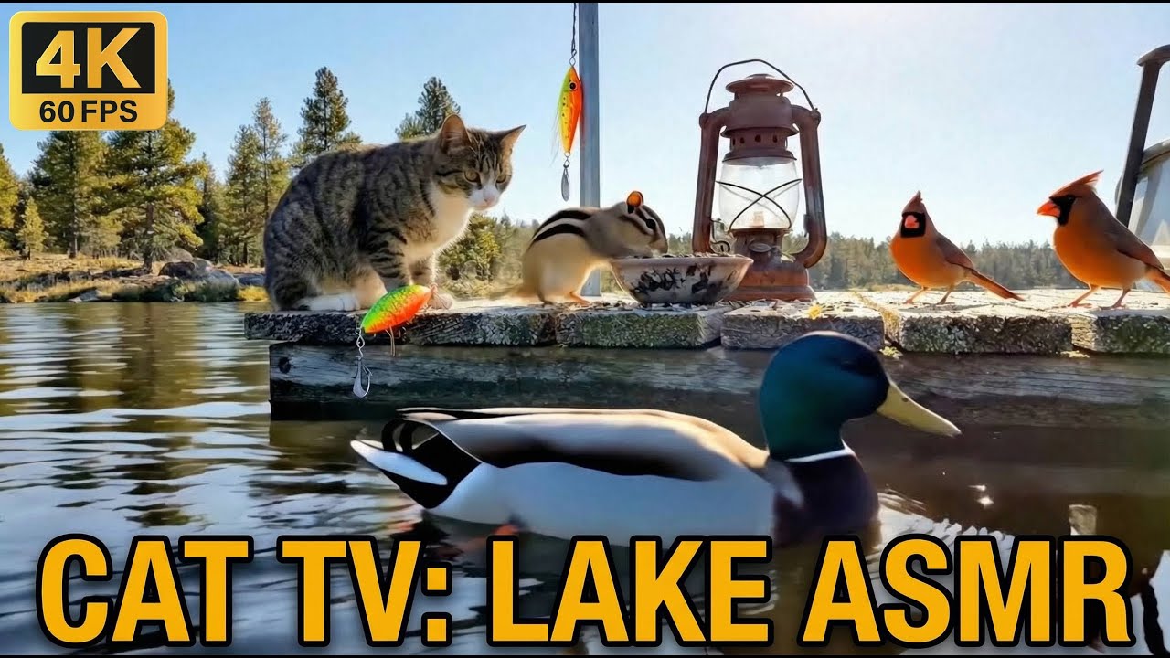 Cat TV for Cats to Watch 🦆 Water Level View Swimming Ducks & Chipmunk - 8 Hours