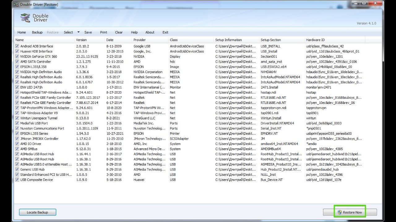 Восстановление драйверов из бэкапа с помощью программы Double Driver backup.