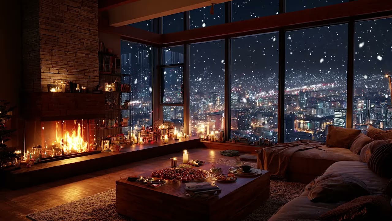 Winter Snow Cabin Piano Night Ambience | Soft Snowfall and Fireplace Comfort