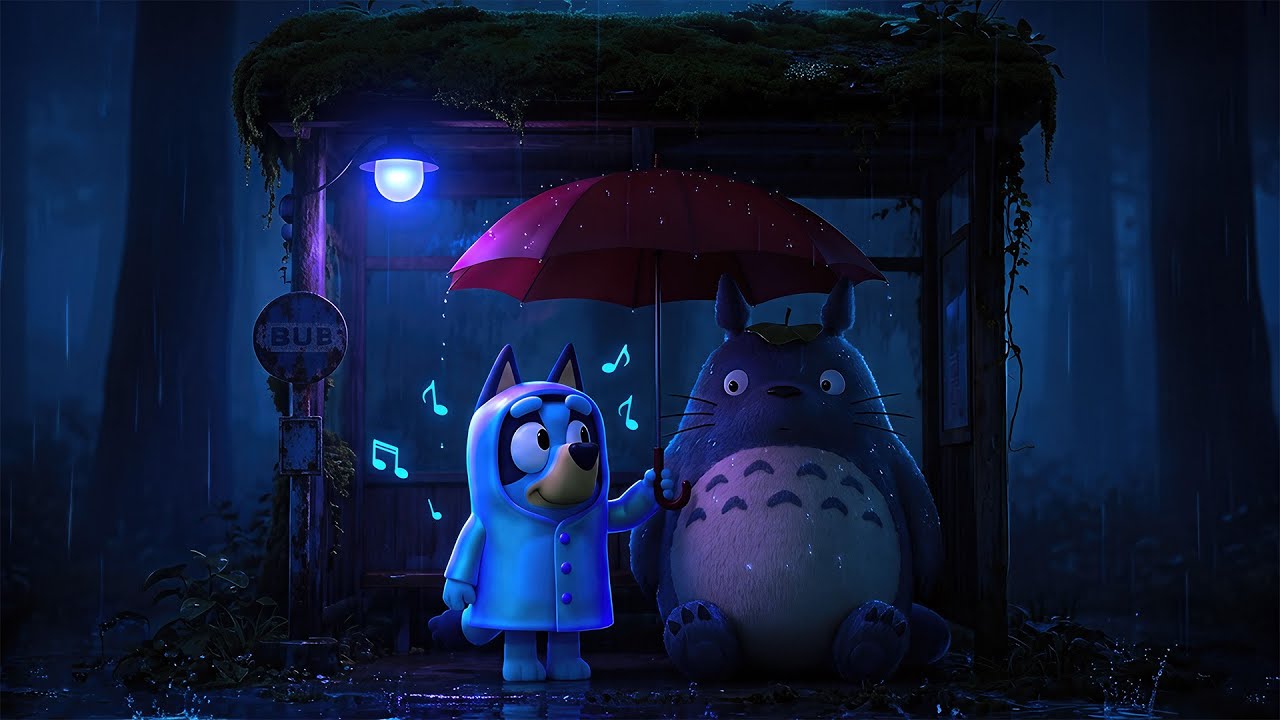 Cozy Rainy Night at the Forest Bus Stop with Bluey & Totoro 🌧️ | Deep Sleep Music with Soft Rain