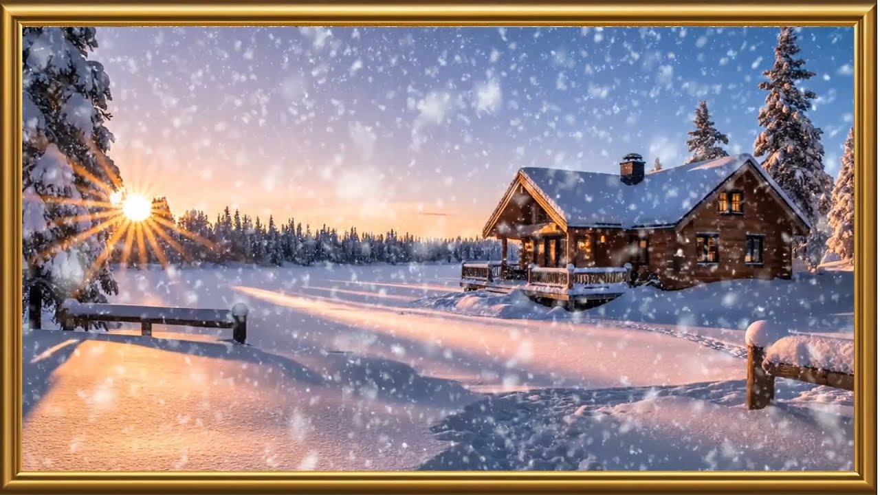 Cozy Winter Cabin in Falling Snow | Framed TV Art Screensaver