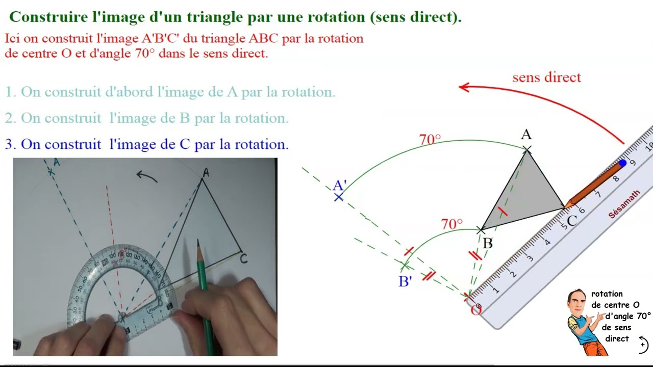 Comment construire l'image d'un triangle par une rotation de centre O d'angle 70° dans sens direct