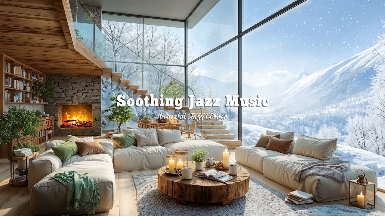 Winter Living Room Ambience | Soothing Jazz Music With Snowy Mountain Views For Stress Relief