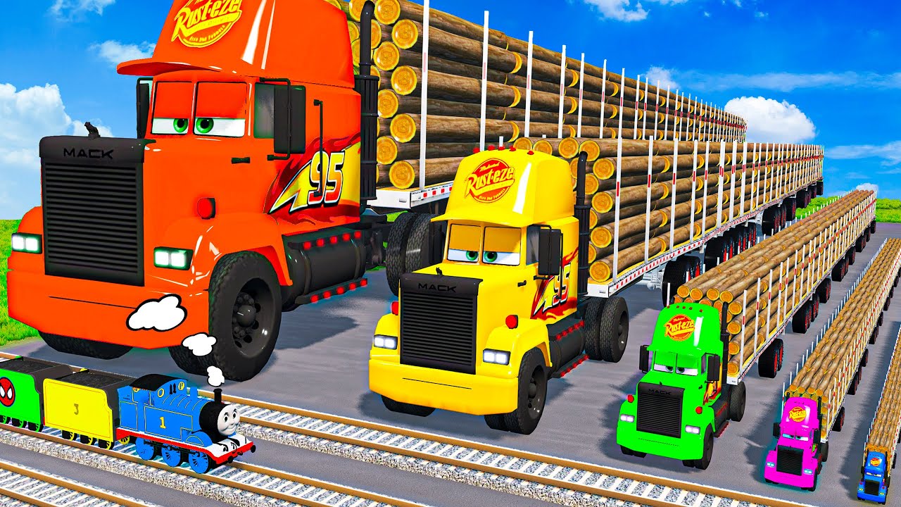 Big & Small Long Mack Truck with Logs vs Trains Thomas | BeamNG.Drive