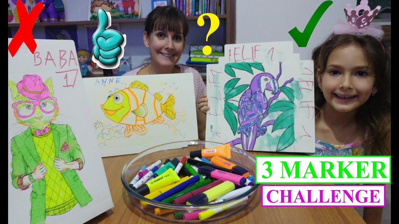 3 MARKER CHALLENGE, BU KEZ FARKLI RESİMLERİ BOYADIK. EĞLENCELİ ÇOCUK VİDEOSU