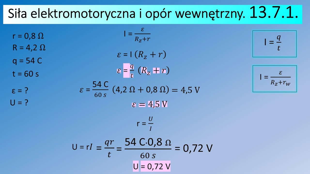 13.7.1. Opór wewnętrzny baterii wynosi r = 0,8 oma. Oblicz SEM ogniwa i spadek napięcia na oporze we