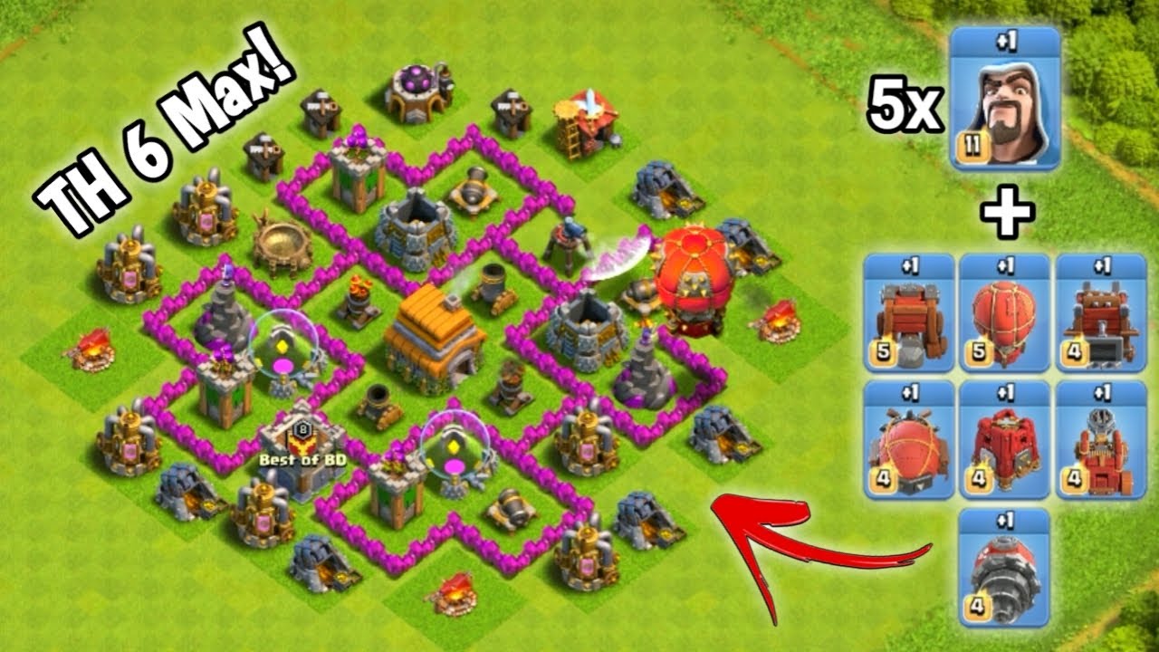 Max-Siege Machines With 5x Wizard vs TH 6 Base! || Clash of Clans