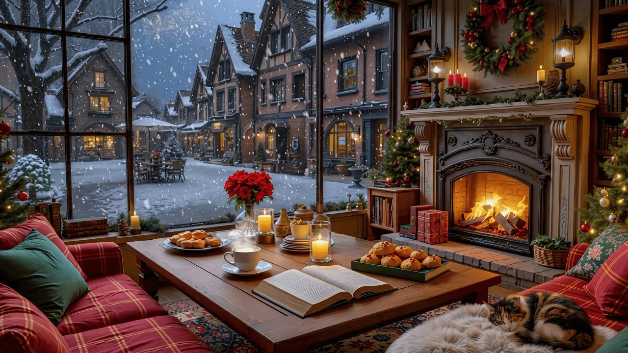 Soft Jazz Piano 🎹 Cozy Fireplace & Snowy Village Night ❄️ | Relaxing Cafe Ambience