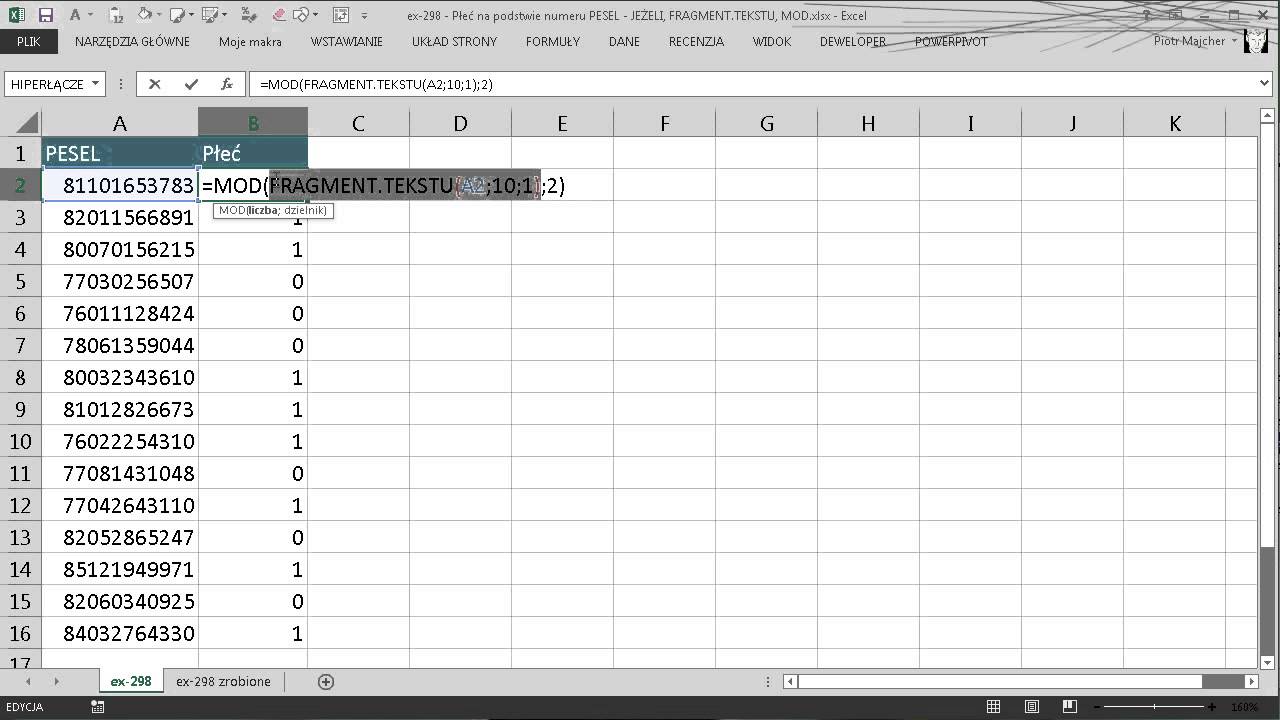 excel-298 - Płeć na podstwie numeru PESEL - JEŻELI, FRAGMENT.TEKSTU, MOD