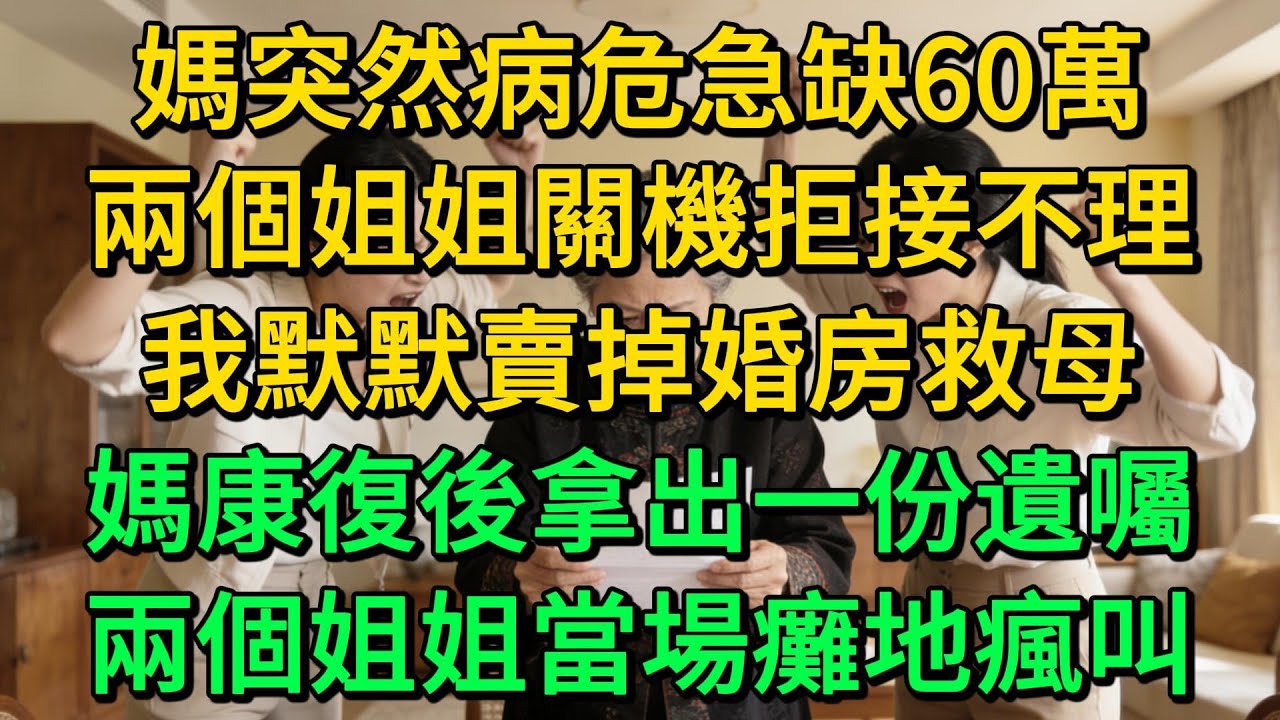 媽突然病危急缺60萬，兩個姐姐關機拒接不理，我默默賣掉婚房救母，媽康復後拿出一份遺囑，兩個姐姐當場癱地瘋叫 | 柳梦微语