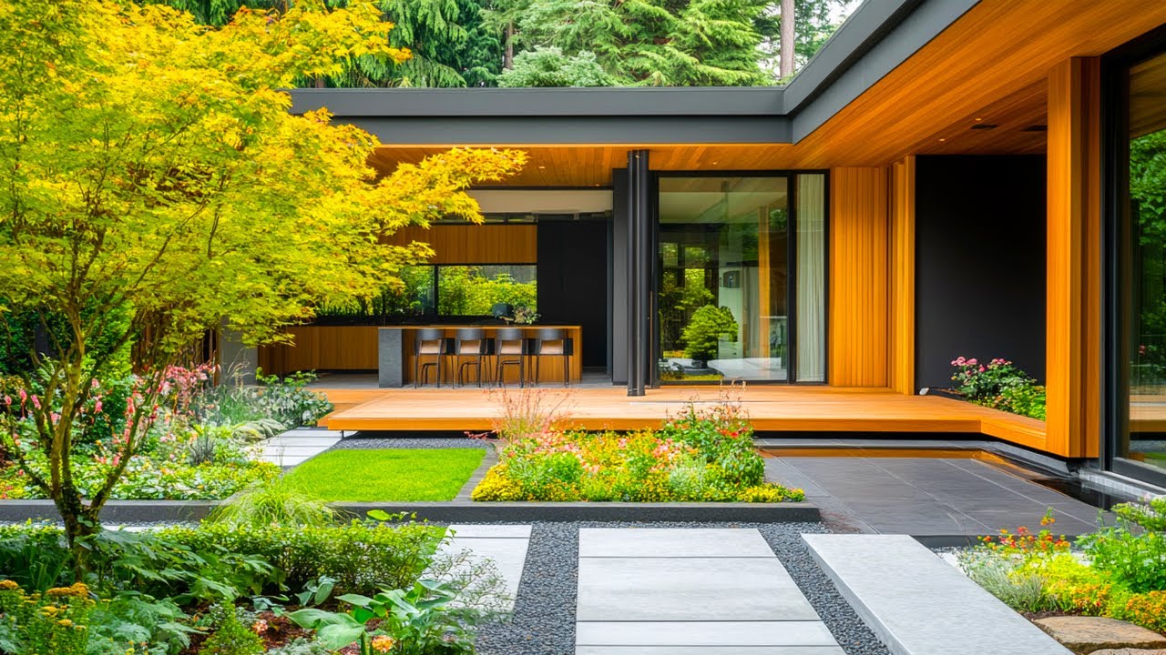 Minimalist Modern Home with Front Garden: Seamless Indoor-Outdoor Living