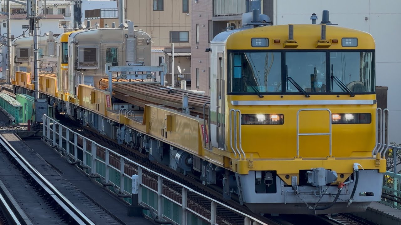 【4K高画質】【大宮操工臨（レール積車）】キヤE195系1000番台ｵｸST-19編成＋ｵｸST-18編成が三河島駅を超低速通過するシーン（工9514D）2026.1.31〜ジョイント音最高！〜