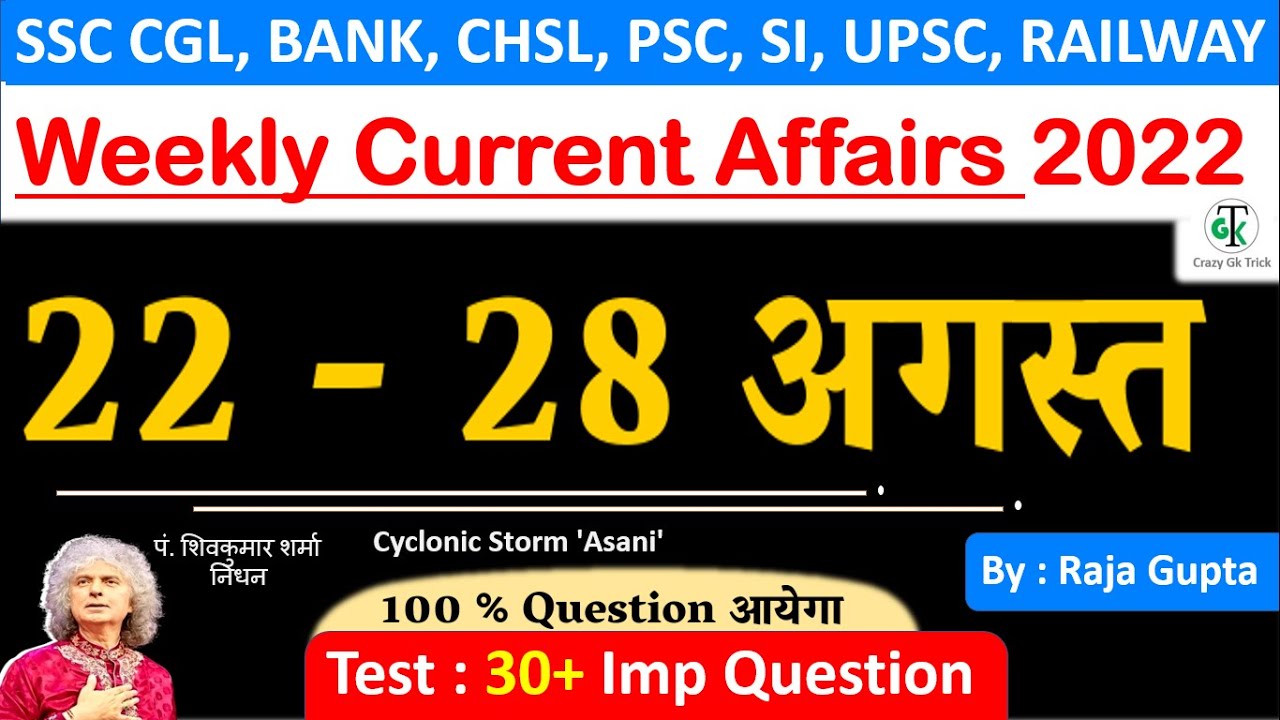 22-28 August Weekly Current Affairs🔥| Most Important Current Affairs 2022 | Raja Gupta Sir