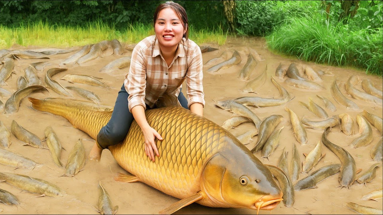 How to harvest a giant fish pond full of carp to sell at the market, Buy toy and Caring of Children