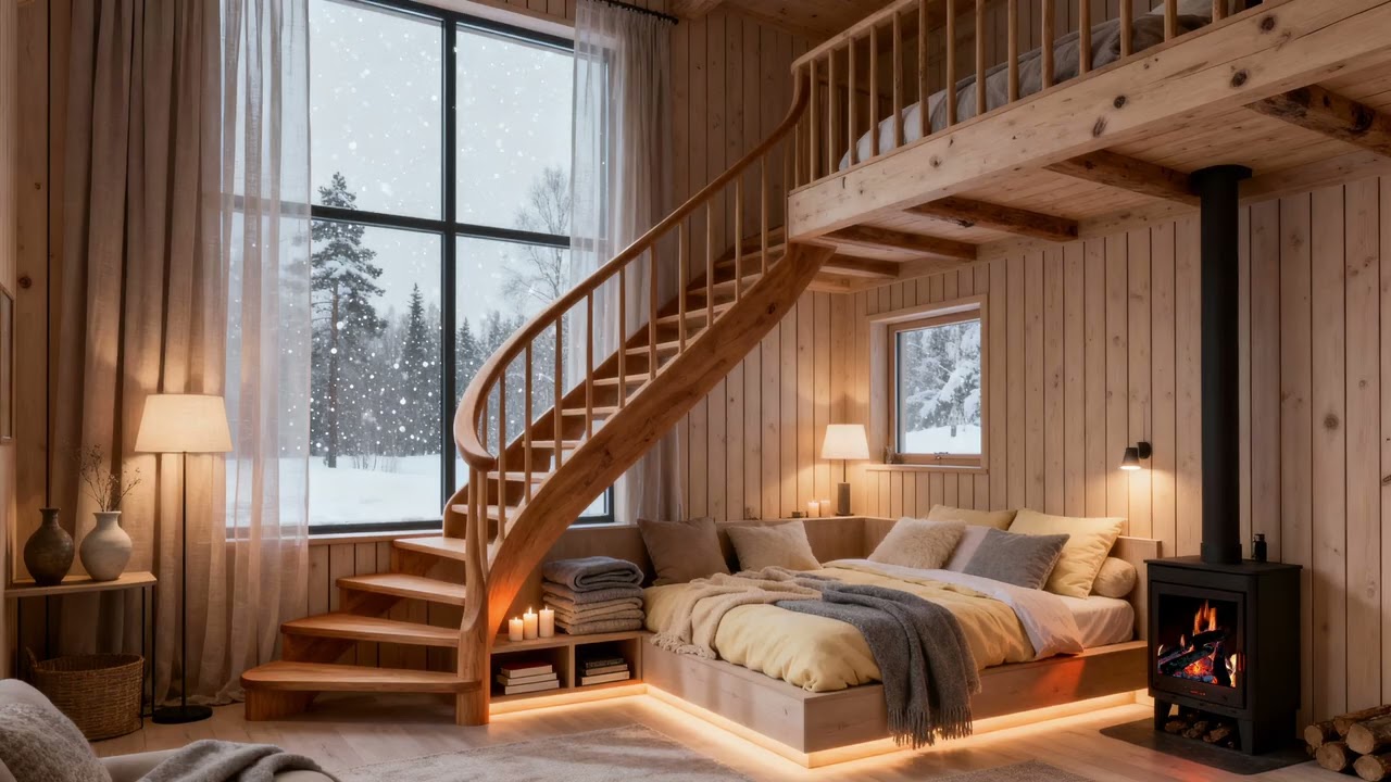 Ultra Cozy Scandinavian Two-Level Loft Living Room 🔥 Evening Fireplace Ambience
