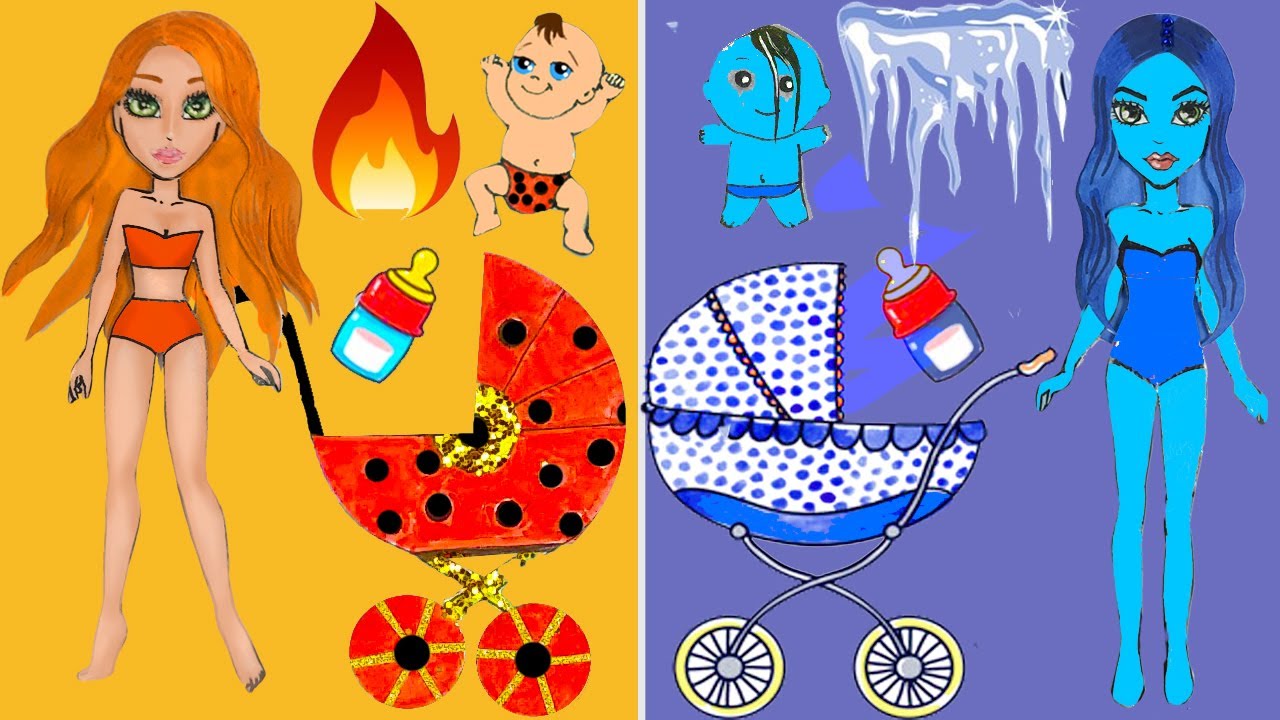 Paper Dolls Dress Up Rapunzel Red and Sadako Blue Hot vs Cold  Dresses Handmade