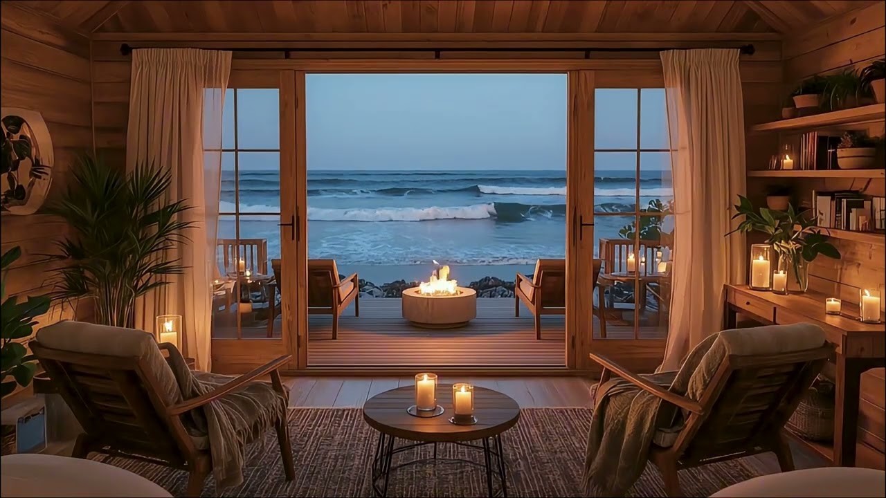 Cozy Seaside Cabin with Ocean Waves, Fire Pit & Calm Meditation Music | 8 Hours for Deep Sleep