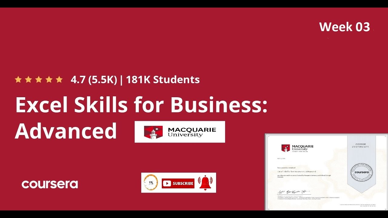 Excel Skills for Business Advanced | Week 3 | All Solutions || Coursera || Free Certificate in Excel