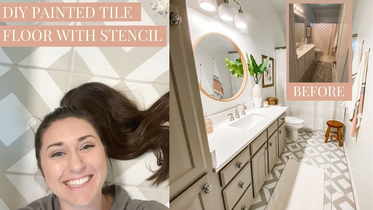 DIY Painted Tile Floor with Stencil - Power of Paint Bathroom Transformation