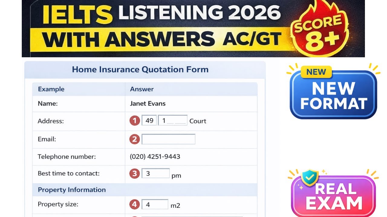 IELTS Listening Real Exam 2026 | Home Insurance Form | New  AC/GT | Answers Included |Ieltswithgic