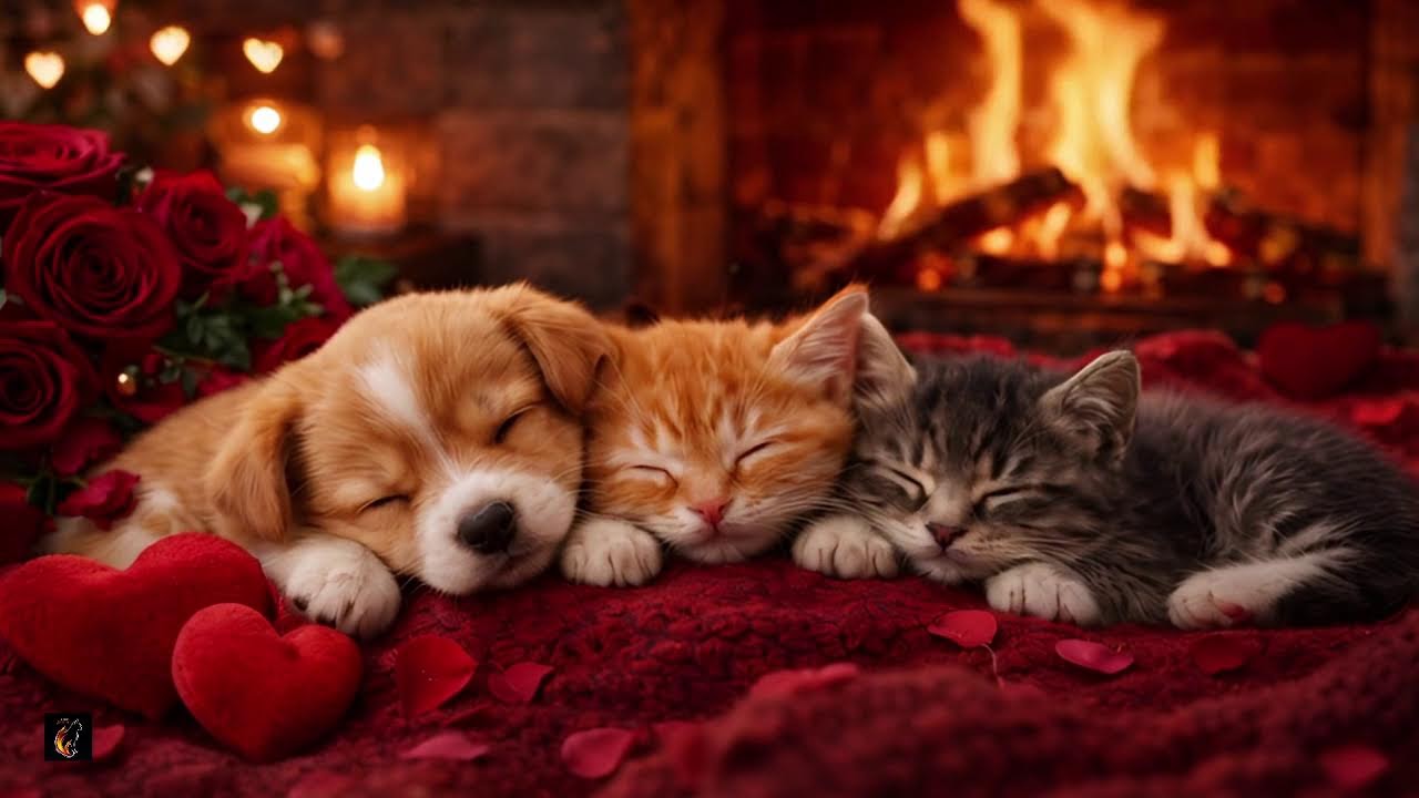 🐶💘 Valentine Fireplace Cuddles | Sleeping Puppy & Purring Kittens 🔥