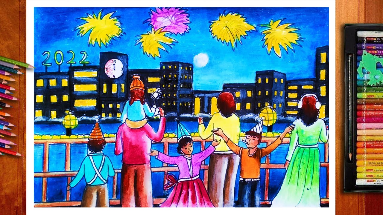 Happy New Year Celebration Drawing | Happy New Year Drawing 2022 | How To draw New Year Drawing Easy