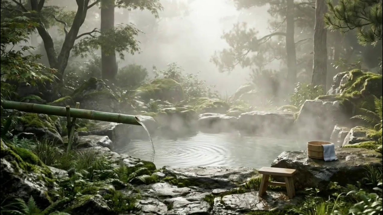 🌫️ Misty Forest Onsen Morning | Peaceful Nature Sounds for Deep Relaxation & Sleep ♨️