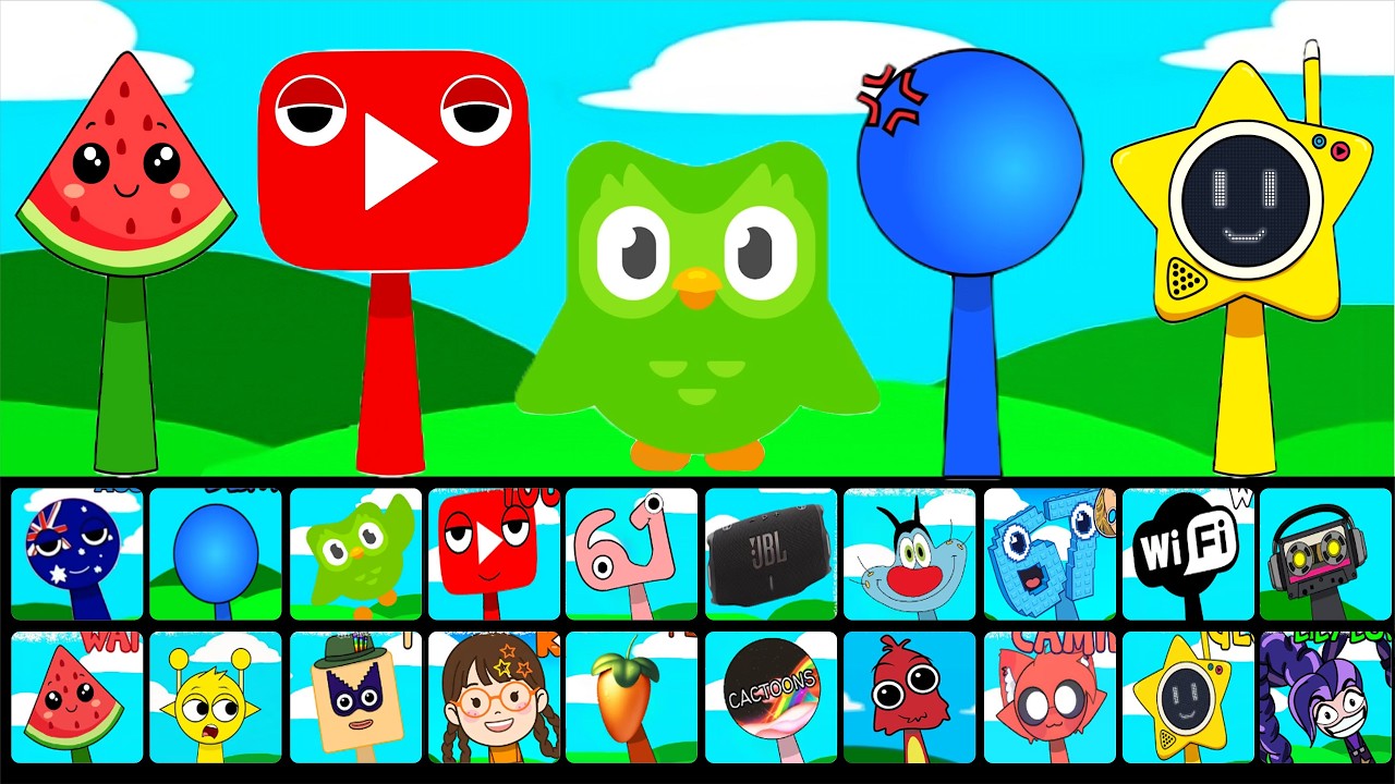 NEW Sprunki OCs Characters - Duolingo , Youtube , Demon Core , Watermelon , Glowby
