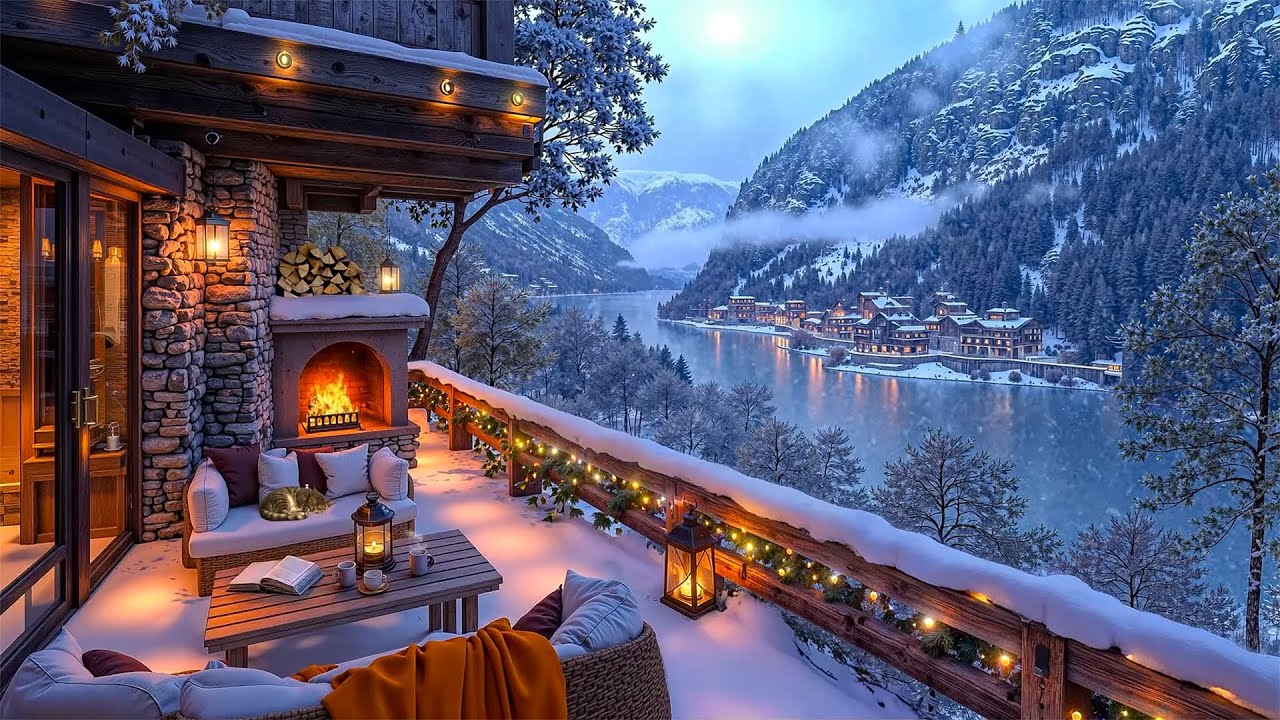 Cozy Winter Terrace 🔥 Relaxing Smooth Jazz, Snowfall & Glow Fireplace for a Peaceful Winter Evening