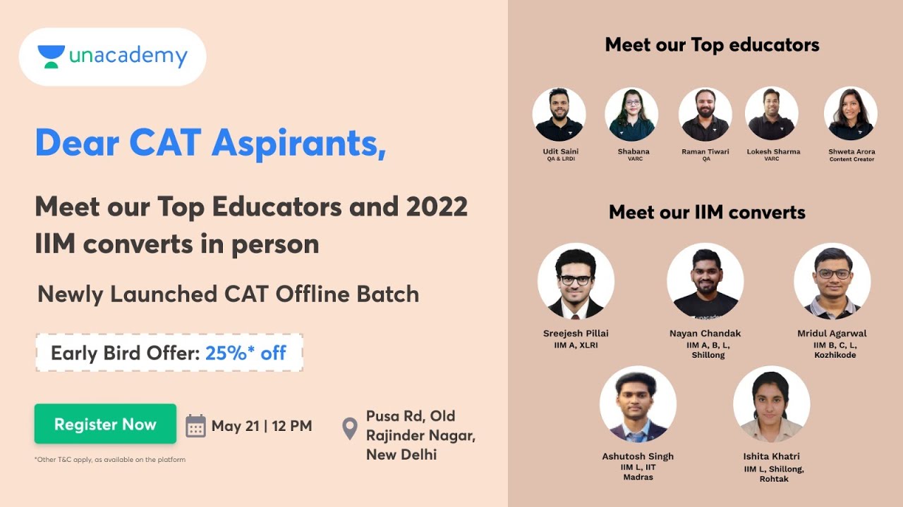 Unacademy CAT Gurus in Delhi- 21st May 2023: Student Must Attend | Boost Your CAT Preparation