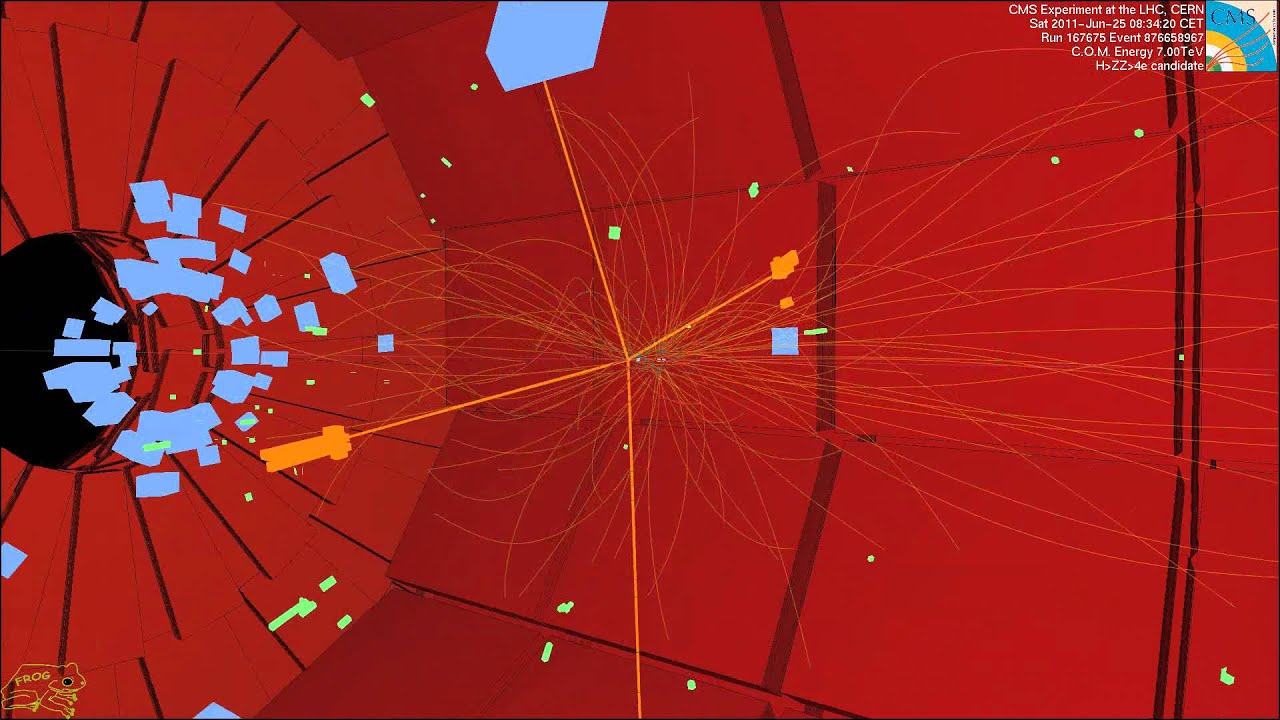 LHC collision event at CMS showing four high energy electrons (CMS Higgs search)