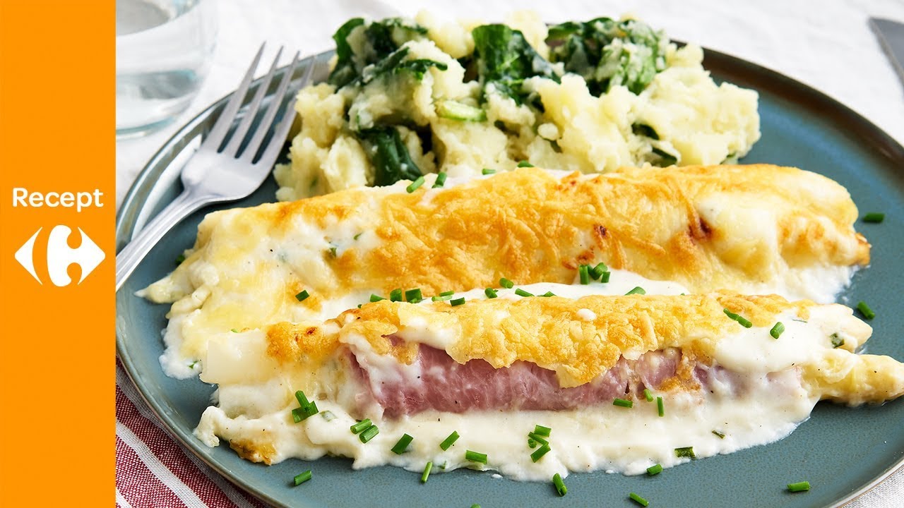 Hamrolletjes met asperges uit de oven en spinaziepuree