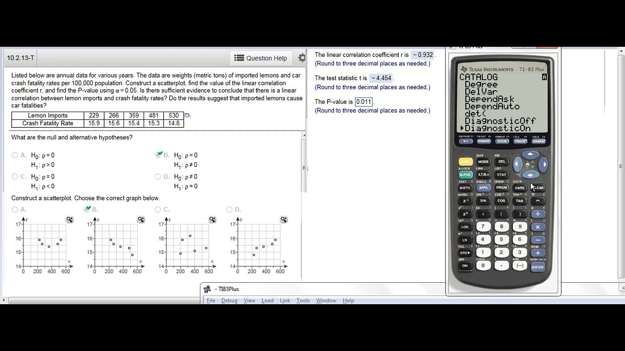 Linear Correlation - finding r and a linear regression t-test