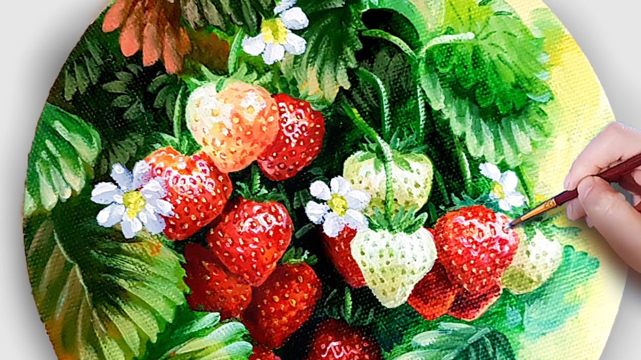 How to paint Strawberry and flower / Acrylic painting for beginner/ Easy fruits /아크릴화  / asmr #52