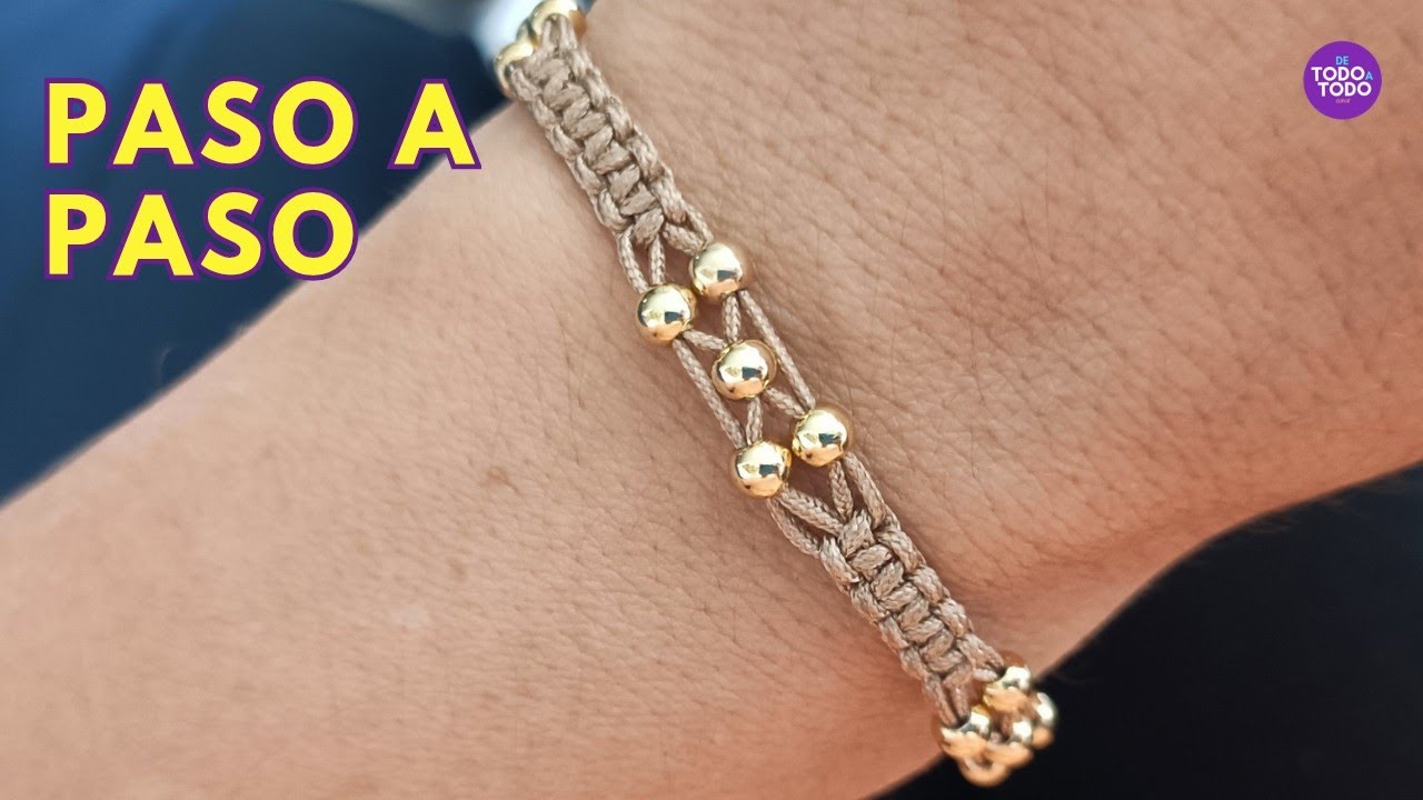 👉 Pulsera de hilo tejida en MACRAMÉ con Nudo PLANO y balines. Paso a paso. 