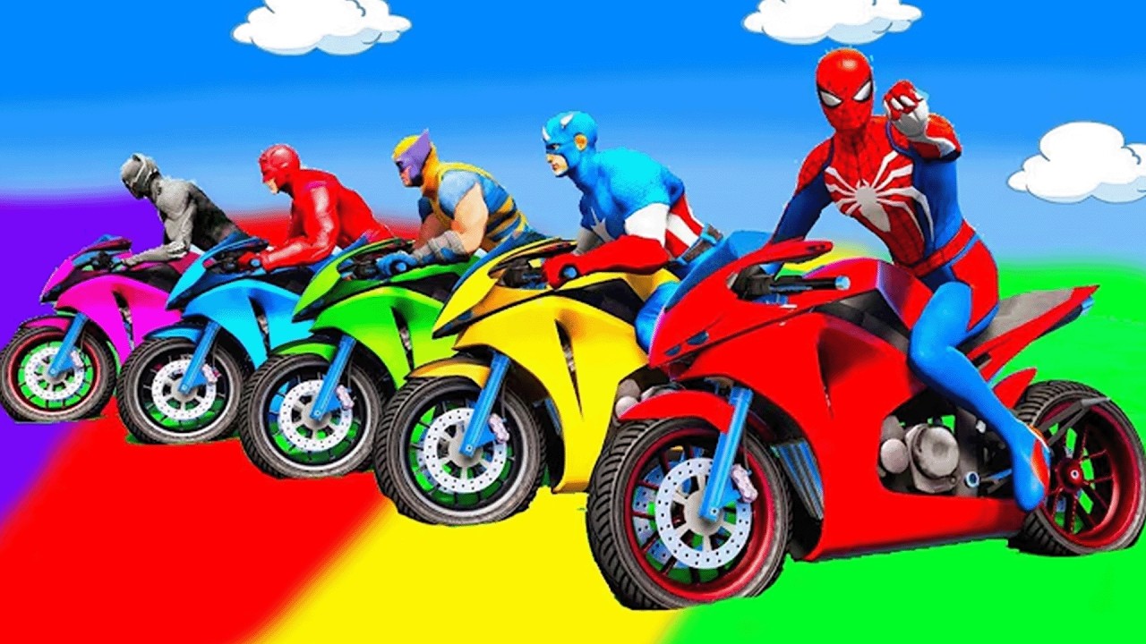 الأبطال الخارقين على القضبان دوامة قمع جسر 🚴‍♂️ SPIDER MAN!on Motorcycle in Spiral Bridge Stunt Ride