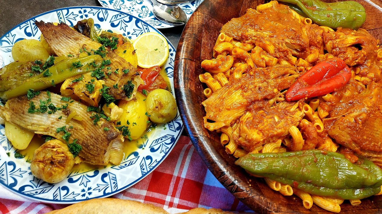 مقرونة تونسية بالسفن بنينة🇹🇳و مصلي بالسفن دبارتين في فيديو واحد😁Pâte tunisienne et rôti ail et raie