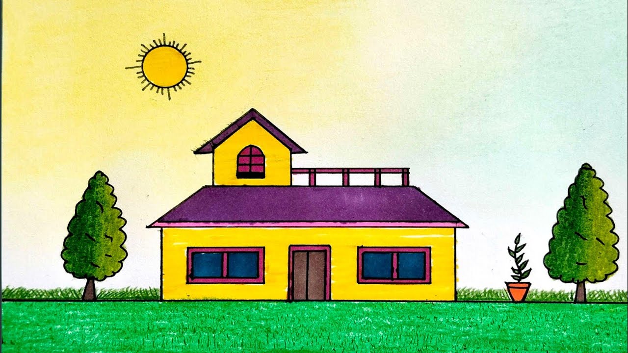 How to Draw House 🏡 Drawing with Sunset ☀️ | Amazing House Drawing | House Drawing Projects 