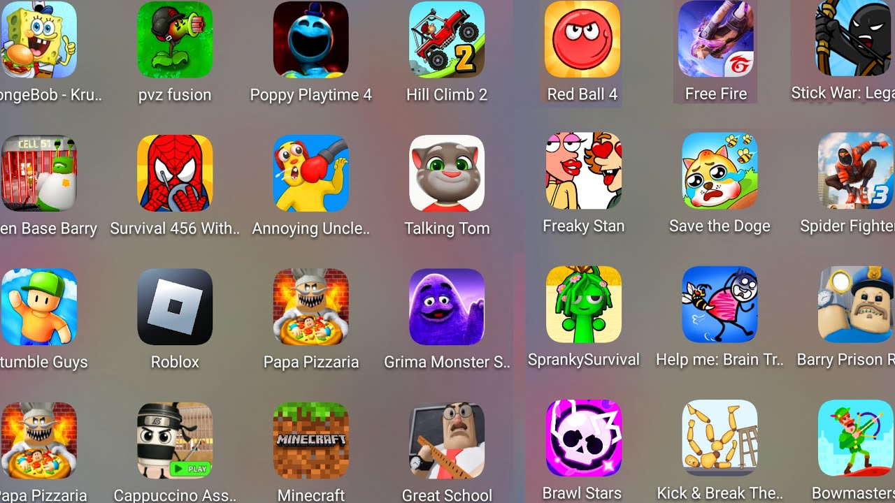 Roblox,Great School Breakout,Poppy Playtime 4,Barry Alien Base,Free Fire,PvZ Fusion,Stumble Guys....