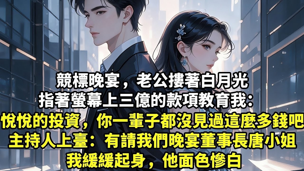 競標晚宴，老公摟著白月光 指著螢幕上三億的款項教育我： 悅悅的投資，你一輩子都沒見過這麼多錢吧 主持人上臺：“有請我們的晚宴董事長唐小姐” 我緩緩起身，他面色慘白【言情】【追妻】【爽文】