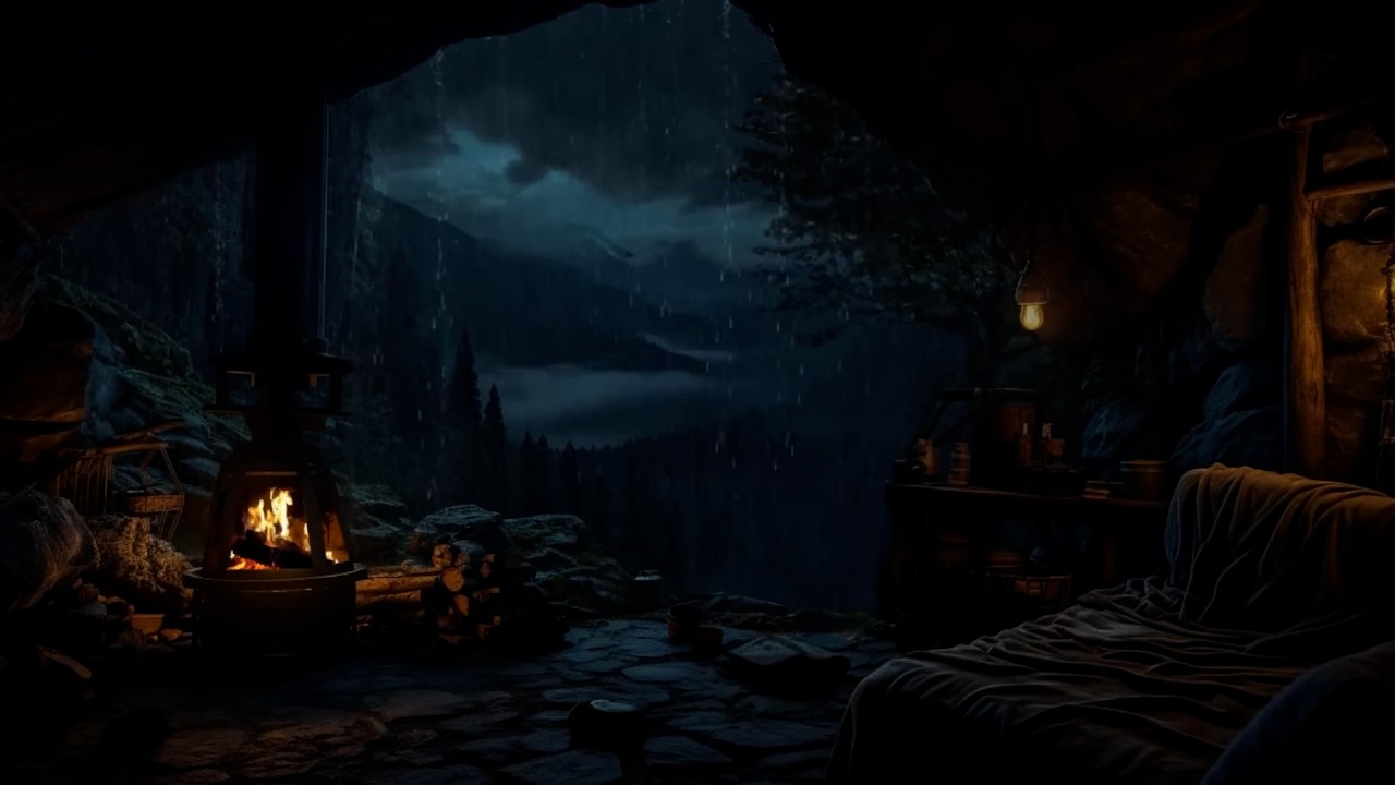 Fall Asleep Instantly  Deep Mountain Rain & Crackling Fireplace in a Cozy Cave for a Peaceful Night