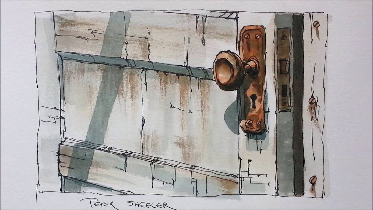 Line and wash demonstration of an Old Door watercolor painting. Easy to follow and learn